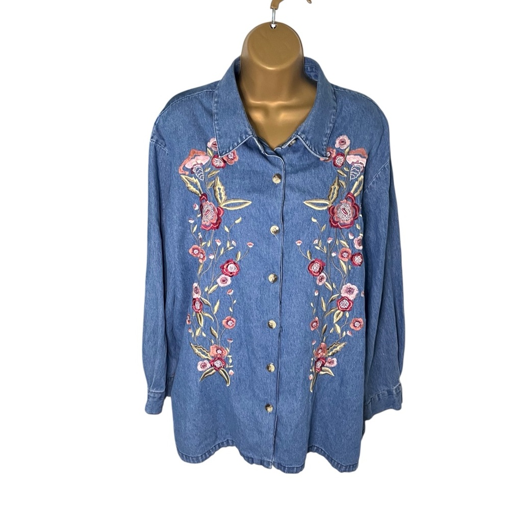 Vintage 90s BFA Classics Denim Shirt Embroidered Floral Button Down Blue 1X